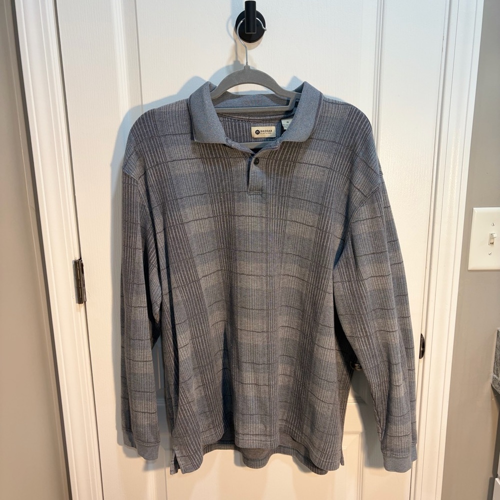 Haggar Men's Gray Plaid Knit Collared Pullover Sweater XL Button Accents